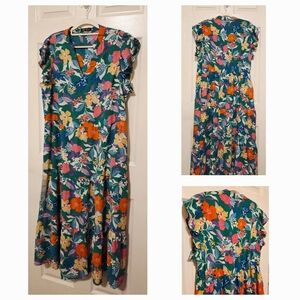 Floral Green Midi Dress with Cap Sleeves